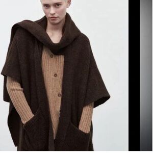 Zara Brown Oversized Chunky Knit Cape Cardigan Draped Neck Scarf